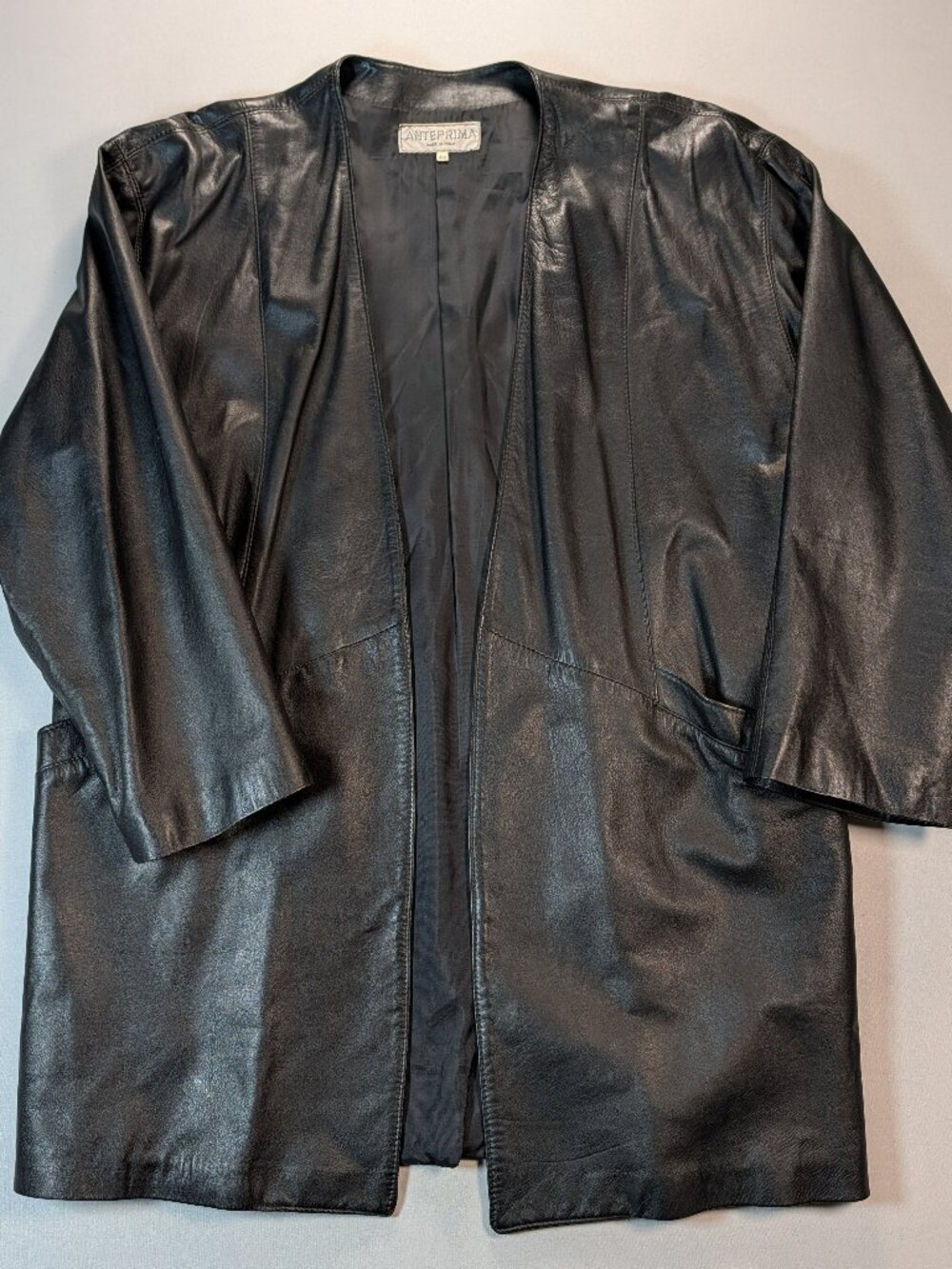 Anteprima Italian Black Leather Open Front Longline Coat Size 44